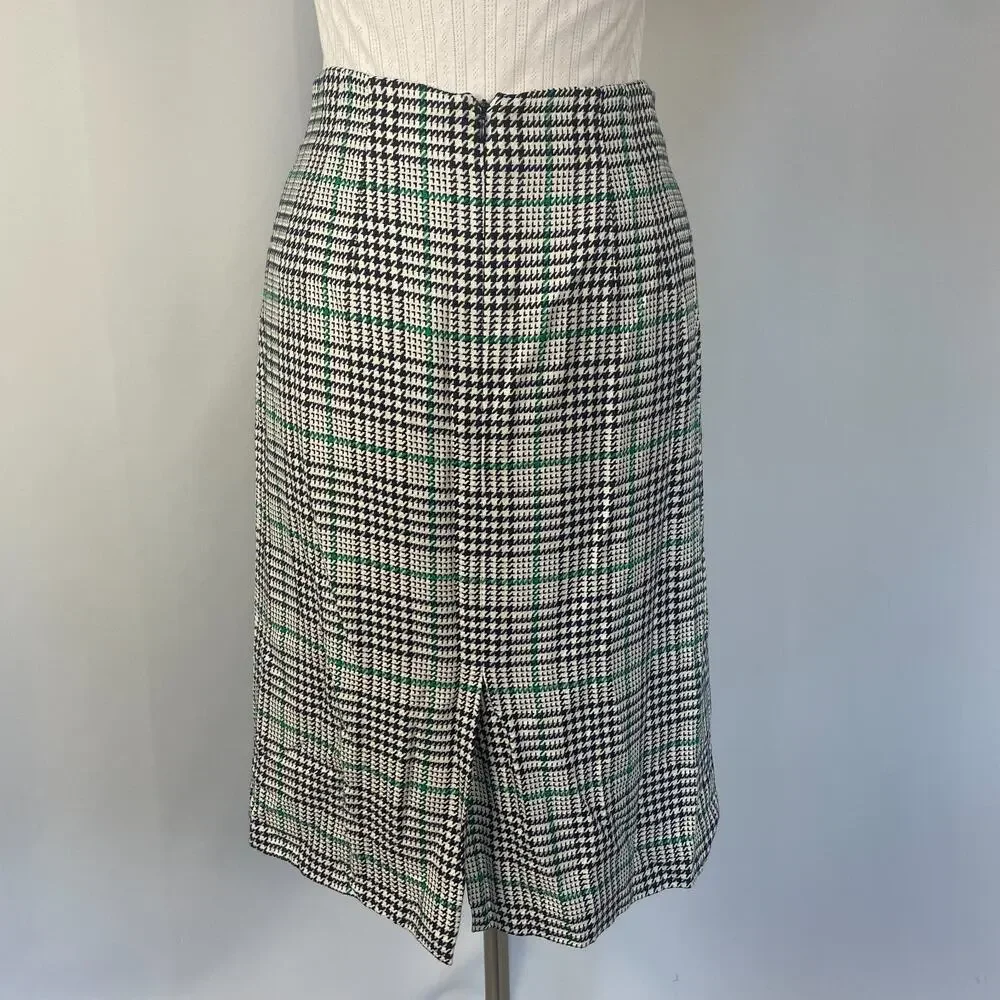 Vintage Midi Skirt Size 12 Black White Green Houndstooth Preppy Academia 80s 90s